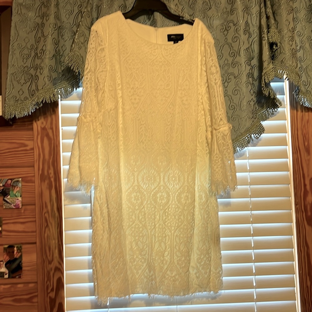 Ivory lace overlay dress. Gorgeous for any occasion! 3/4 lace bell sleeves